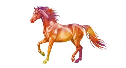 Vibrant watercolor horse in motion against white background