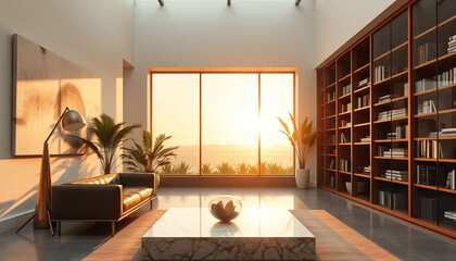 A_icon_of_In_an_expansive,_sun-drenched_atrium,_a_harmonious_symphony_of_geometric_forms_unfolds_The_setting_sun_casts_a_warm_golden Generative AI