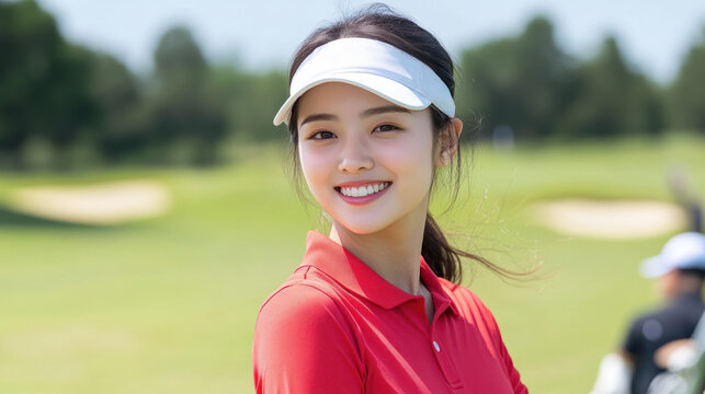Chinese golfer woman exercise at green grass field at golf driving range