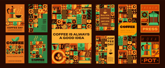Coffee posters and banners with seamless patterns, Icons, Abstract Symbols, in Geometric Design