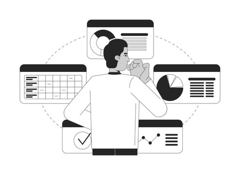 man analyzing data charts, black and white clip art preview