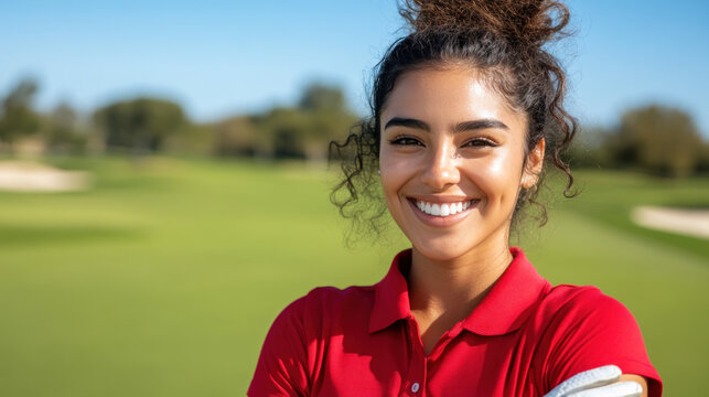 Hispanic golfer woman exercise at green grass field at golf driving range