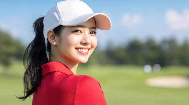 Indonesian golfer woman exercising on green grass field at golf driving range