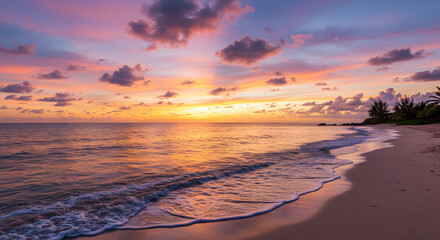 Obraz premium The landscape features a stunning ocean beach at sunset and sunrise, showcasing the beauty of the outdoors. Waves crash against the shore, creating white foam. The sky is painted with vibrant colors a