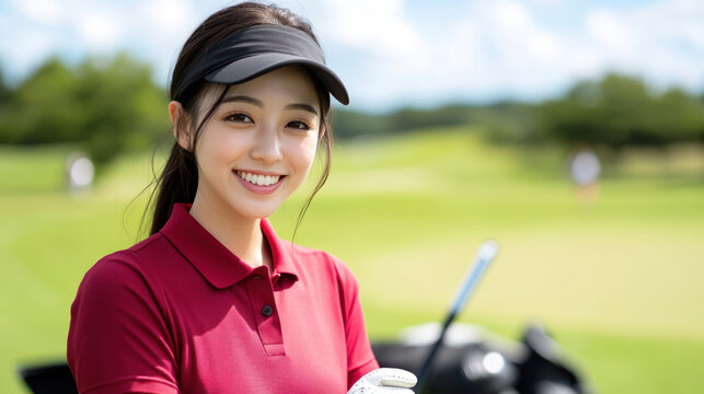 Japanese golfer woman exercising on green grass field at golf driving range