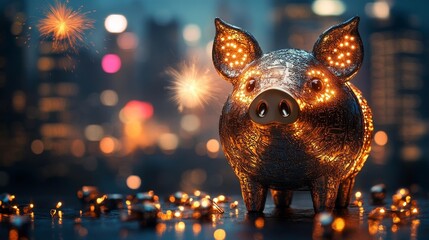 Sleek Metal Pig Statue with LED Lights and Urban Skyline. Generative AI