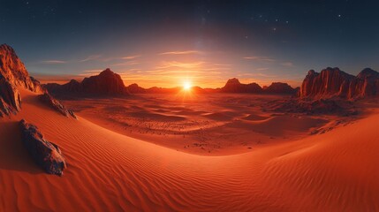 Fototapeta premium Dramatic Mars-like Desert with Glowing Sunset. Generative AI