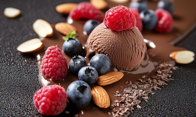 Chocolate Ice Cream Scoops with Raspberries, Blueberries, and Almonds
