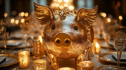 Fototapeta premium Golden Pig Ornament in an Elegant Banquet Setting. Generative AI