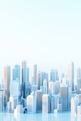 White background, light blue gradient city skyline, in a minimalist design, 3d rendered style