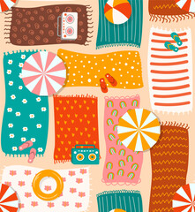 colorful retro vintage style beach blankets, umbrellas, inflatable mattress , slippers, ball summer vacation seamless pattern, hand drawn vector illustration repeat design print