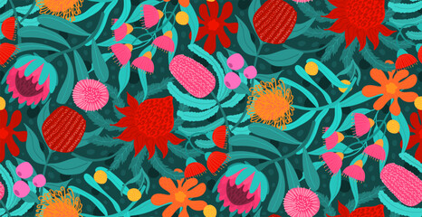 native australian flora seamless pattern in teal turquoise  red pink colors aussie flowers and foliage hand drawn vector illustration repeat design