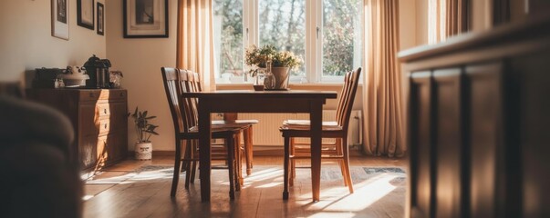 Cozy dining setting with wooden table and chairs in modern home.