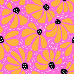 modern abstract black eyed susan flowers seamless pattern in pink yellow black white colors, hand drawn vector illustration repeat print