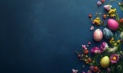 Brightly colored Easter eggs paired with spring flowers on a dark blue background, with space for a greeting.