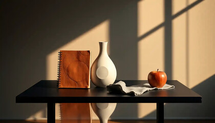 A_icon_of_In_an_indoor_setting_bathed_in_the_soft,_warm_glow_of_late_afternoon,_a_meticulously_arranged_still_life_unfolds_A_minimalist_table, Generative AI