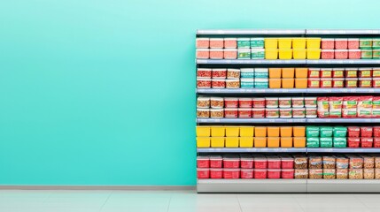 Obraz premium Consumer Price Index CPI concept. Minimalist Glowing Geometric Shelf Display of Grocery Store Products