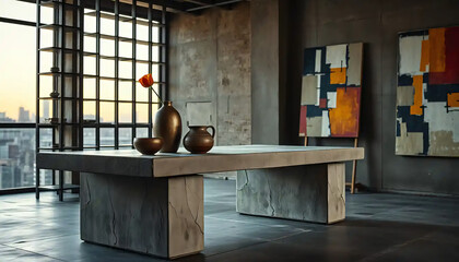 A_icon_of_In_an_industrial_loft,_bathed_in_the_soft_glow_of_dusk,_a_symphony_of_geometric_shapes_unfolds_A_monolithic_concrete_table,_rough-hewn Generative AI