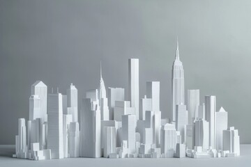 Fototapeta premium White paper model of a city skyline with skyscrapers, on a gray background