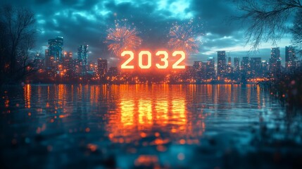 Futuristic 2032 Fireworks Display Over a Serene Lake. Generative AI