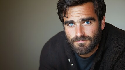 Fototapeta premium Captured in a serene environment, a man with deep blue eyes and a full beard expresses a relaxed confidence. His appearance suggests warmth and approachability, creating an inviting atmosphere