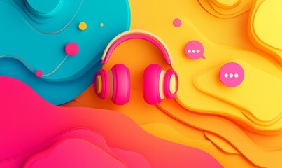 Fototapeta premium Customer Support Concept: Vibrant Minimalist Design with Chat Bubbles and Headset in Abstract Style