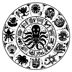 Obraz premium Mayan Symbol – A Captivating Representation of Ancient Mayan Culture and Spirituality. Perfect for Historical Projects, Tattoo Designs, Wall Art, Jewelry, or Esoteric Creations. Mystical Essence