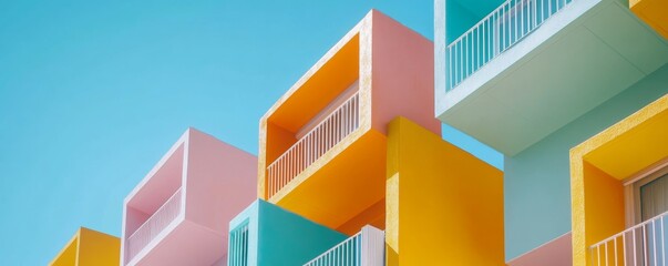 Colorful geometric architecture against clear blue sky.