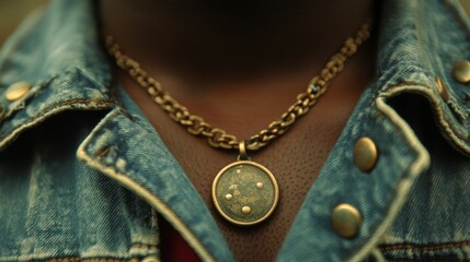 Fototapeta premium A person displays a gold chain necklace featuring a pendant with a celestial design. The setting is casual, highlighting details of the jewelry against denim