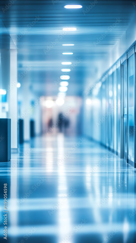Poster blurred modern interior of an empty office building hallway with lights reflecting on the shiny floo