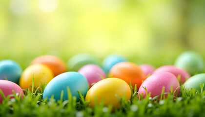 Colorful Easter eggs scattered on grassy meadow, cheerful atmosphere, festive mood