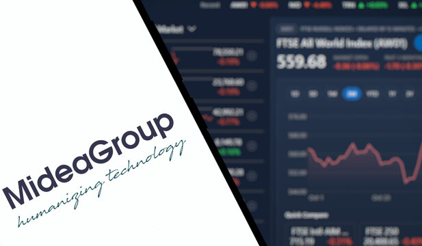 Dhaka, Bangladesh- 30 Dec 2024: Midea group logo is displayed on smartphone. Midea Group is a Chinese electrical appliance manufacturer company.