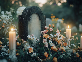 Gravestone surrounded by flowers and lit candles at dusk.