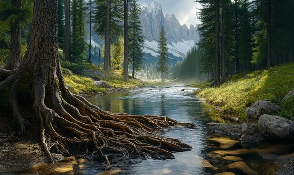 Close-up of tree roots in a forest stream, mount thielsen, thielens