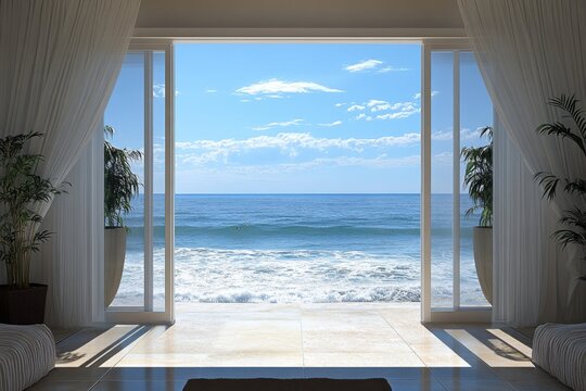 Fototapeta Serenity seen from a coastal living space with ocean view and gentle waves