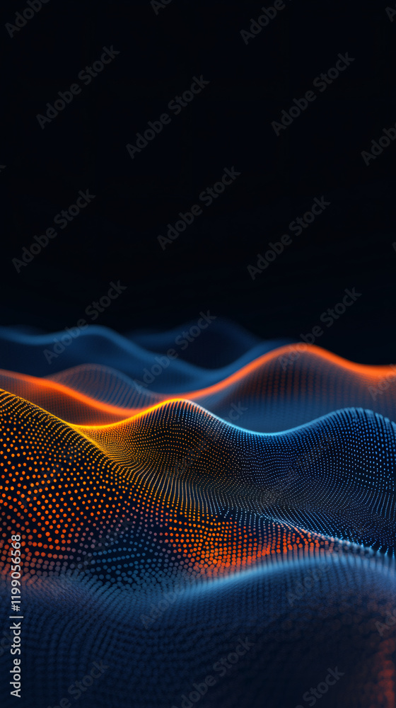 Poster Dynamic particle waves streaming across dark backdrop, generating fluid digital motion