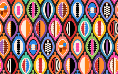 cocoa pods fruits beans multi-colored on black seamless pattern, vector illustration repeat design print