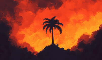 Fiery Tropical Sunset Silhouette with Palm Tree Against Vivid Orange and Dramatic Clouds – Captivating Atmospheric Landscape Art