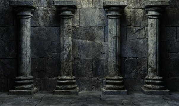 Dark stone pillars of varying heights on textured background evoke strength and stability