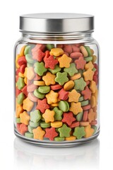 Colorful Dog Treats in a Clear Glass Jar Perfect for Pet Rewards and Training Sessions
