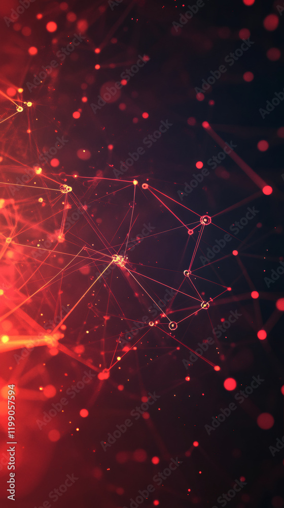 Poster red plexus network forming connections with glowing dots and lines on a dark background, perfect for