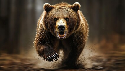 Obraz premium A bear is running through the woods with its mouth open