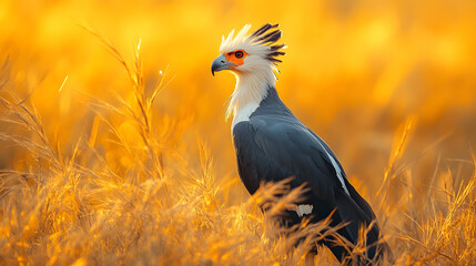 A Stunning Scene of a Secretary Bird Stalking in the Lush Grasslands While Searching for Prey
