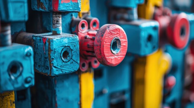 Weathered blue and red industrial machine parts in close-up. Bolts and knobs on a factory line with shallow depth of field. Gritty reliability and operational resilience. Ideal for manufacturing