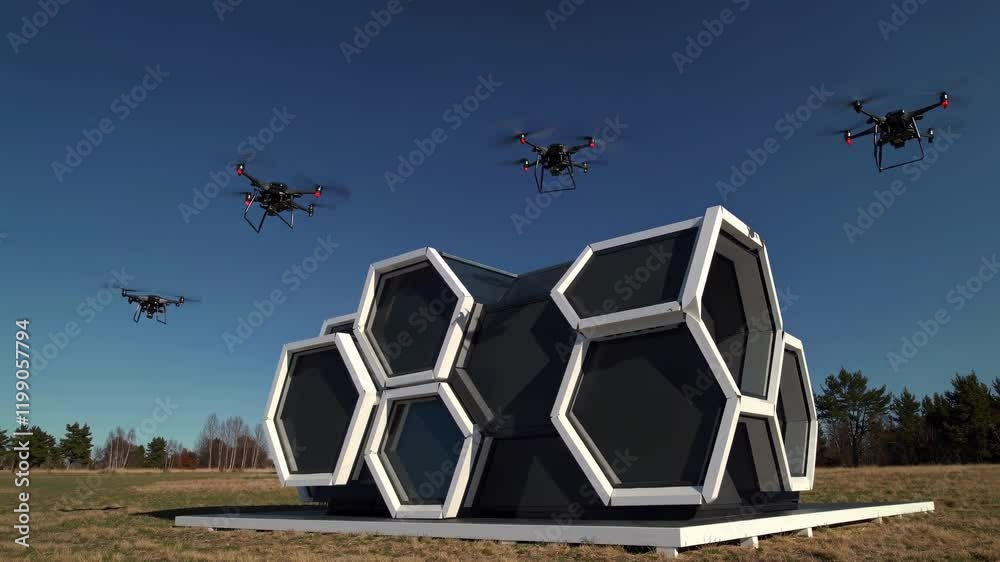 Poster Innovative drone delivery hub showcases cutting-edge architecture and technology in rural setting