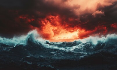 Fototapeta premium Darkening horizon with intense red sky, stormy weather, turbulent clouds, ocean storm, violent storm