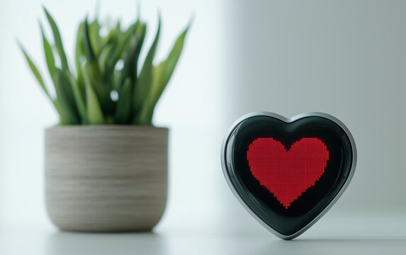 A heart-shaped digital display on a smart home screen, showing a personalized Valentine's Day countdown and romantic reminders