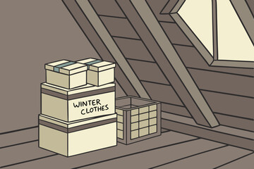 Cartoon attic with labeled boxes winter clothes storage © Elen