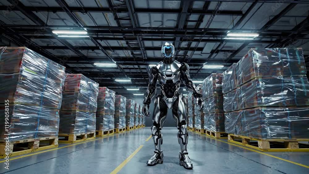 Poster advanced robotics in action at a futuristic warehouse showcasing automated technology and efficiency