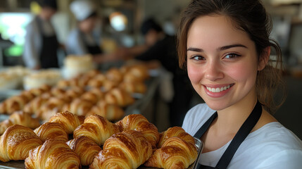 Canadian chef woman carrying a tray of fresh baked croissants